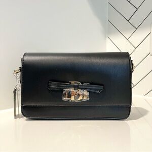 Badgley Mischka Black Crossbody Bag with Bow on Plate Vegan Leather Purse NWT